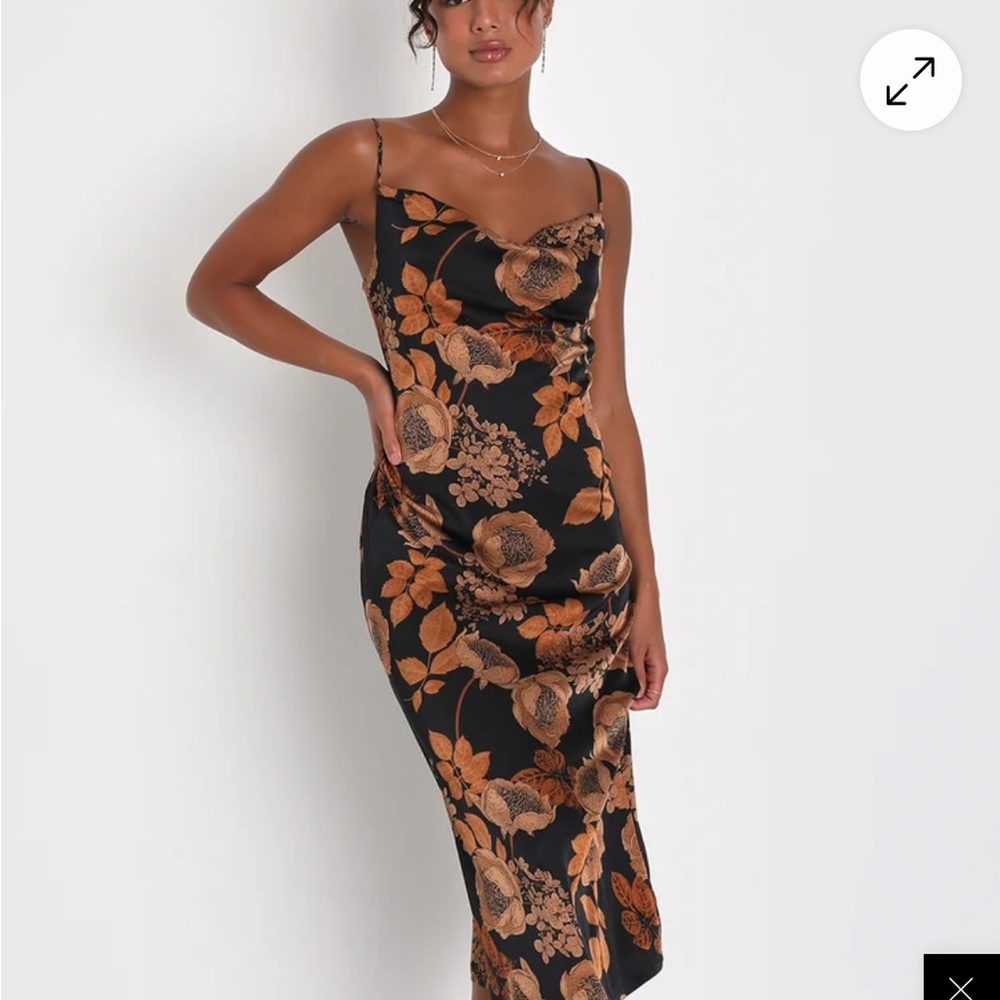 Lulu's Elegant Floral Midi Dress in Black and Brown
